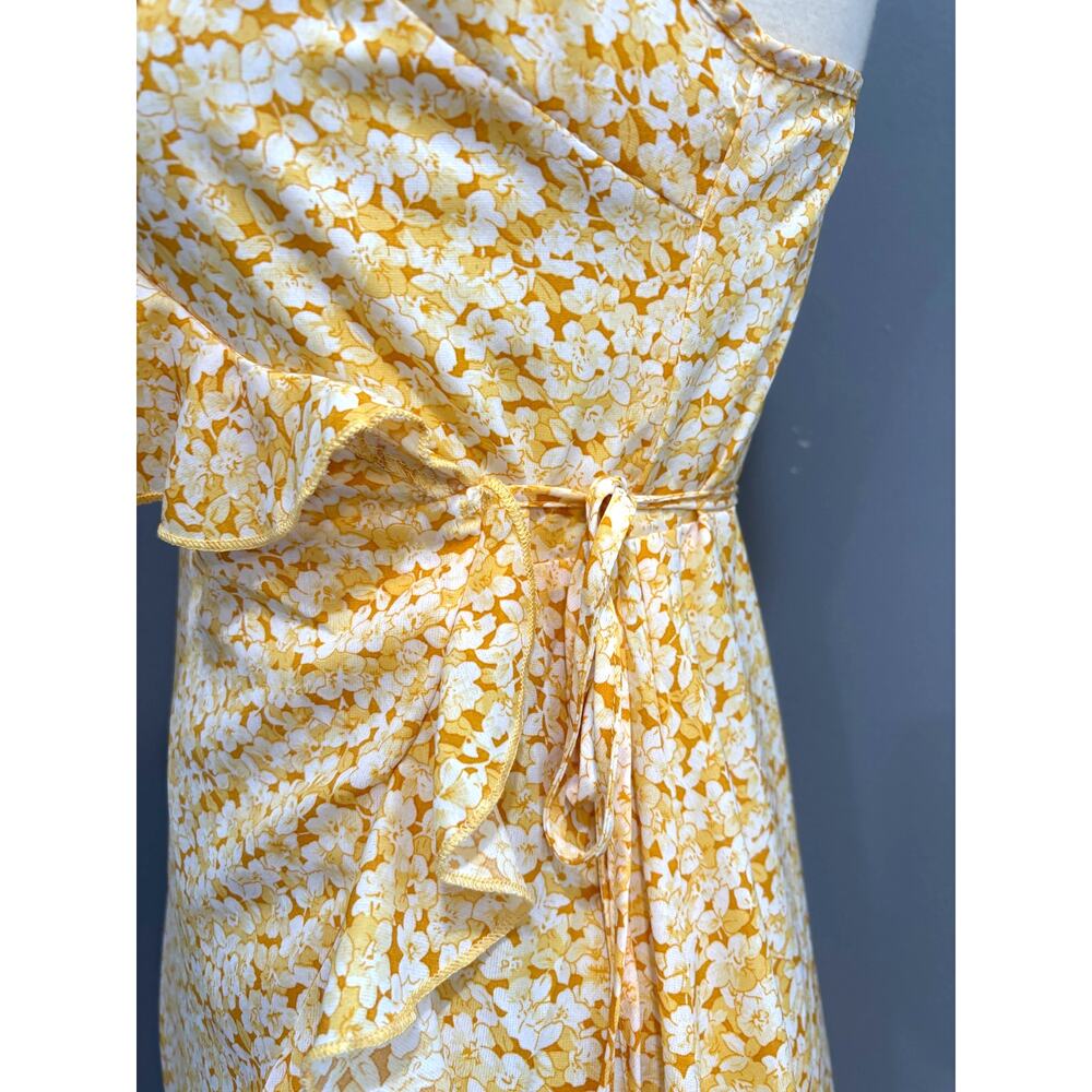 Yellow Floral Ruffle Faux Wrap Mini Dress Spring Summer Brunch Flowy, Size Small - Picture 6 of 9